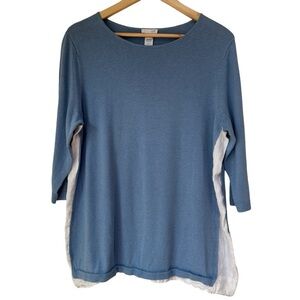 J. Jill Linen Blue Long Sleeve Pullover with White Linen Sides, Medium